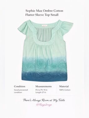 Sophie Max Ombre Blouse Cotton Small Blue Green Flutter Sleeve Top